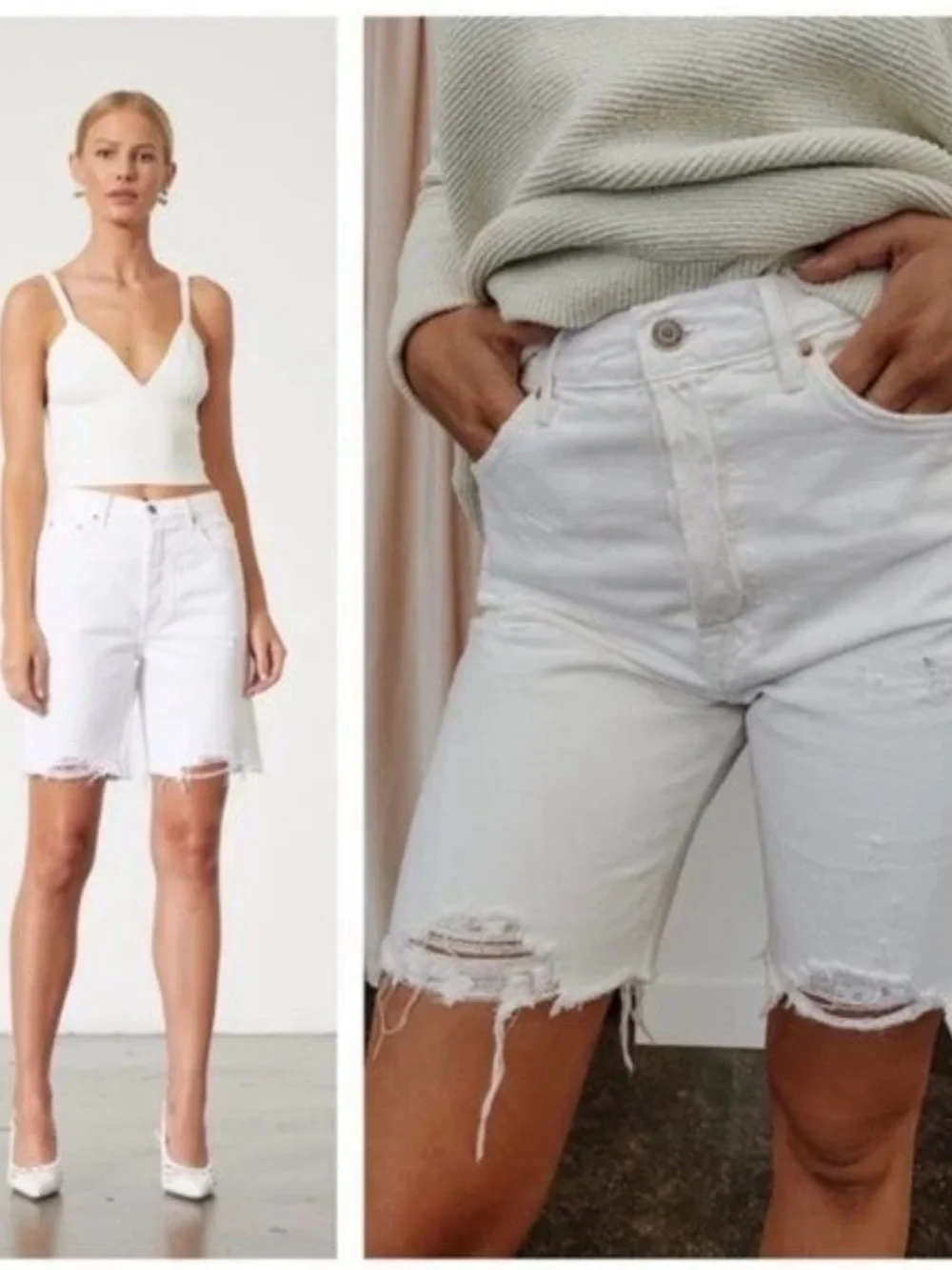 Grlfrnd Marjan Denim Long Shorts White Denim Distressed Bermuda Size 28